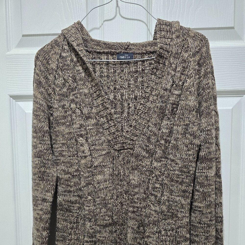 Rue 21 Womens Sweater Pullover Pocket Hooded Vneck Medium Cozy Y2K Tan/Brown